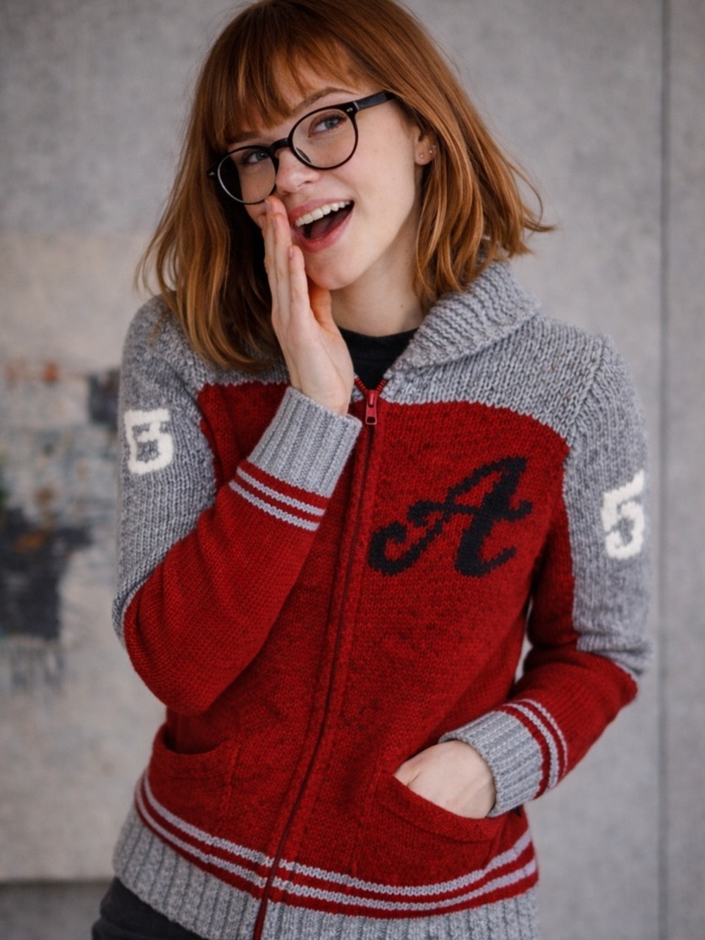 Anthropologie Moth Lambswool Cat Graphic Zip Sweater Jacket Red Gray S